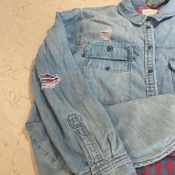 American Eagle flannel lined snap button denim top oversized fit SZ medium - Picture 10 of 10
